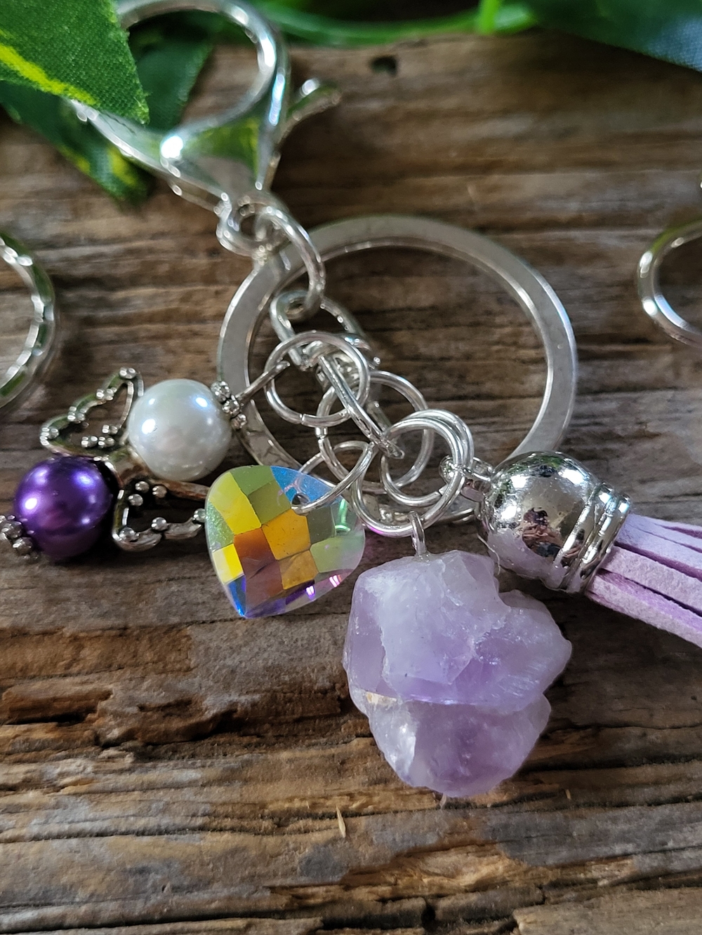 Silver Toned Keychain with Purple Amethyst and Iridescent Heart And An Angel